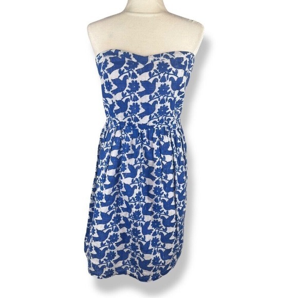 Old Navy Strapless Dress Womens Size 12 Bird Print Blue White Summer Cottagecore - Picture 2 of 12